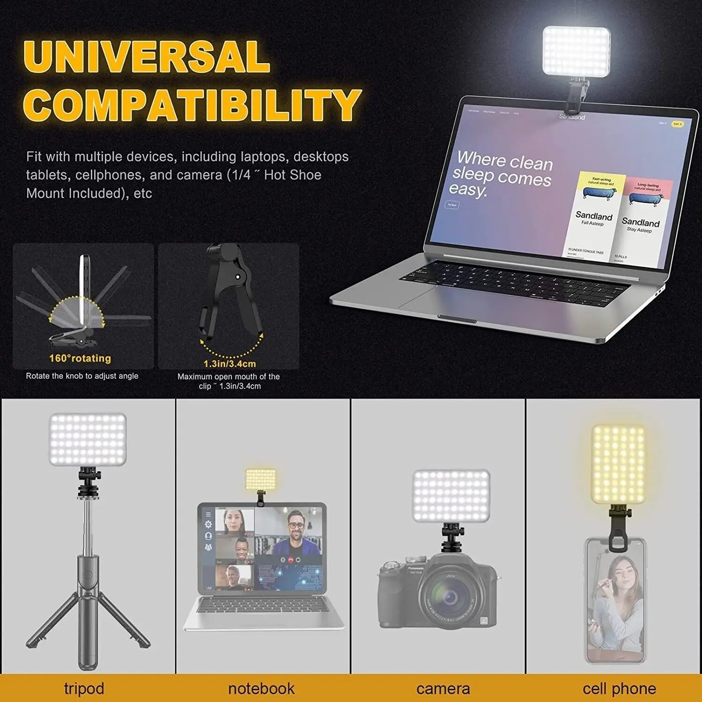 Clip-on Light For Phone, camera, Laptop.  Fill Video Light with Front & Back Clip Adjusted 3 Light Modes for Phone For Content Creation.