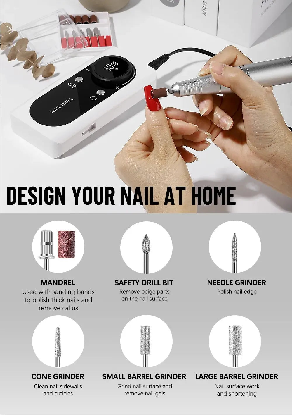 Nail Drill Machine. Electric Portable Nail File. Rechargeable Nail Sander for Gel Nails, Polishing. For Home Manicure Salon.
