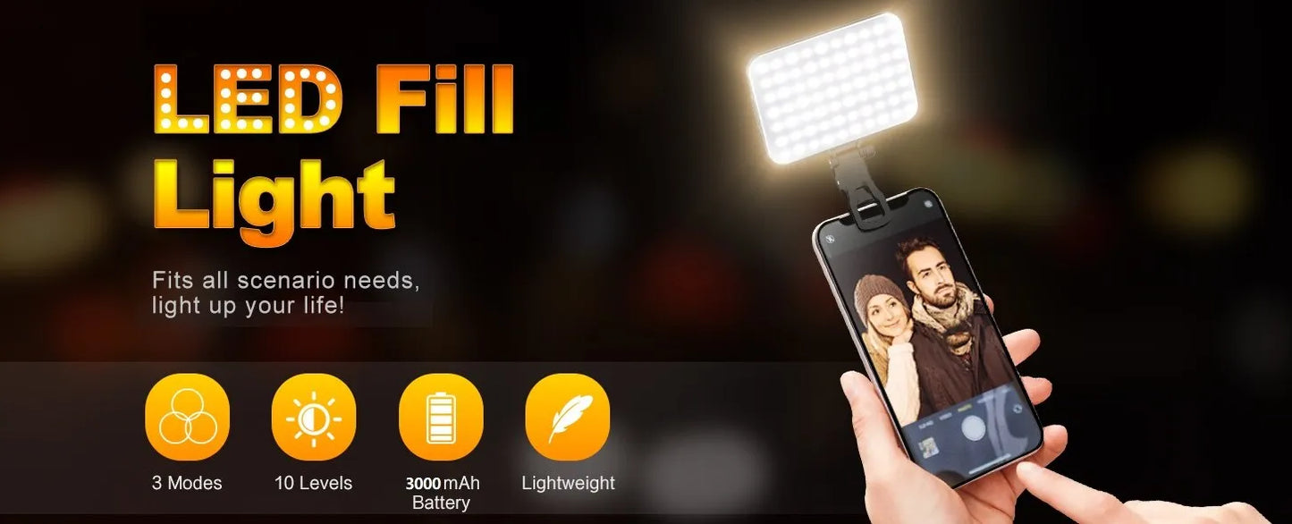 Clip-on Light For Phone, camera, Laptop.  Fill Video Light with Front & Back Clip Adjusted 3 Light Modes for Phone For Content Creation.