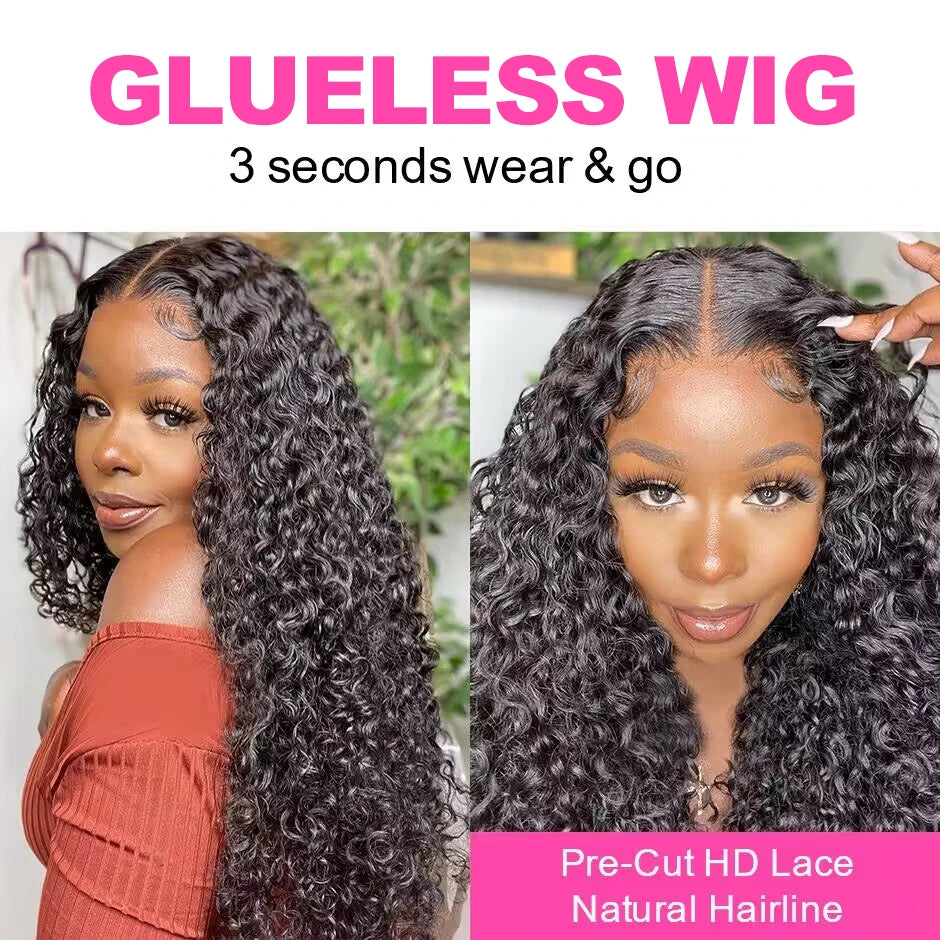 Water Wave Glueless Wig Pre-Cut HD Lace Wig. 180% Natural Wave Glueless Curly Human Wigs.