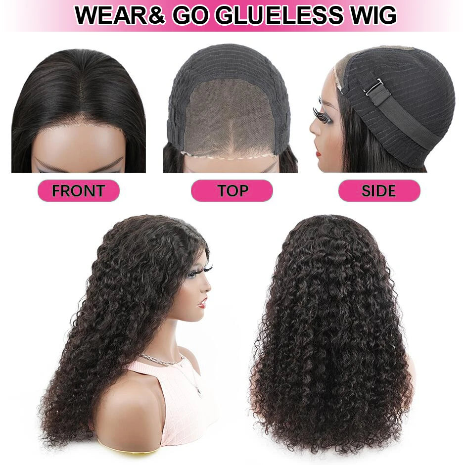 Water Wave Glueless Wig Pre-Cut HD Lace Wig. 180% Natural Wave Glueless Curly Human Wigs.