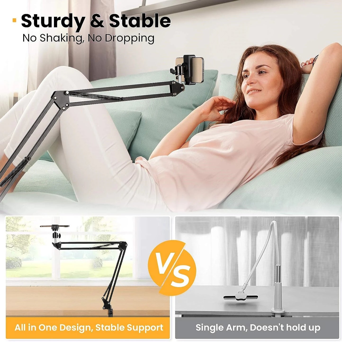 Flexible Arm Tripod Stand For Phone. Table Folded Anchor. 360° Rotation. Online Desktop Laptop Video Live Overhead Shot Photography.
