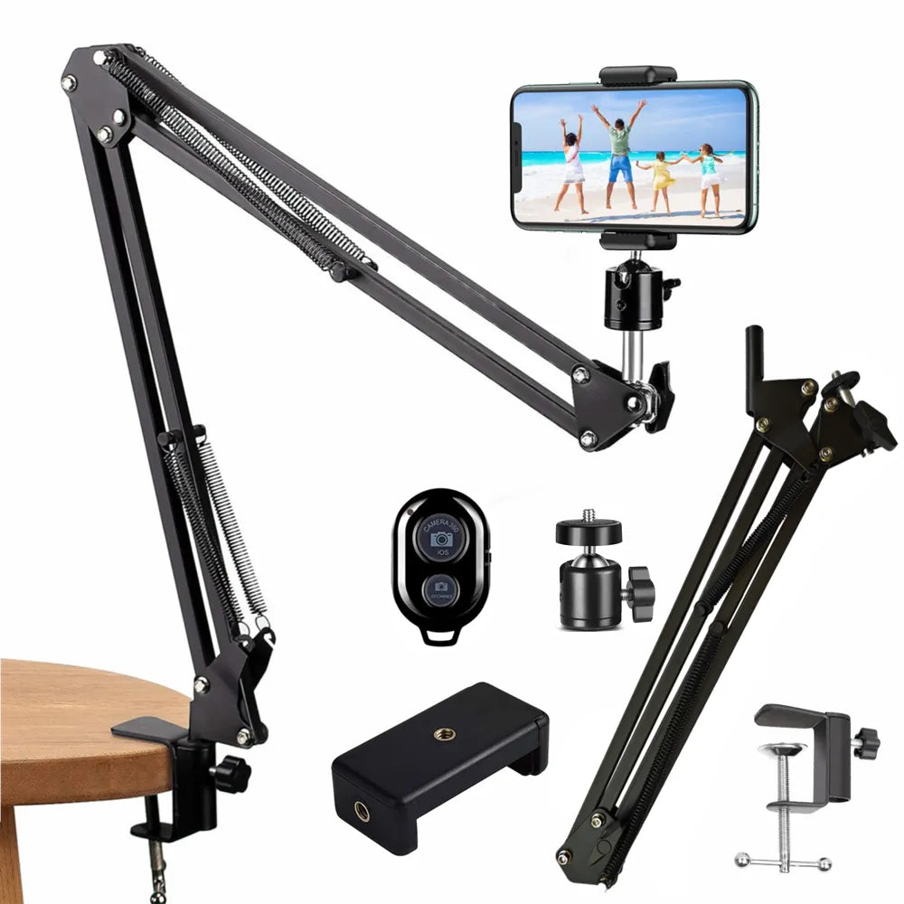 Flexible Arm Tripod Stand For Phone. Table Folded Anchor. 360° Rotation. Online Desktop Laptop Video Live Overhead Shot Photography.